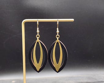 Black and Gold Oval Earrings • Geometric Dangle Earrings • Wood and Brass Earrings • Lightweight Statement Earrings • Modern Earrings