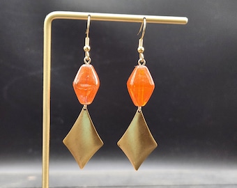 Lampwork Glass Earrings - Orange Dangle Earrings, Orange Drop Earrings, Diamond Shaped Earrings, Geometric Earrings, Orange Jewelry