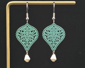 Turquoise Filigree Dangle Earrings · Inverted Teardrop Earrings · Mint Enamel Brass · White Lucite Drops · Lightweight Everyday Jewelry