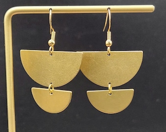 Brass Half Moon Earrings • Double Semicircle Dangles • Minimal Geometric Earrings • Lightweight Everyday Earrings