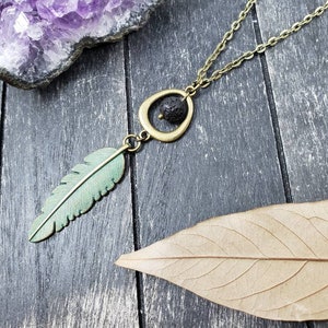 Long Brass Patina Feather and Lava Stone Essential Oil - Etsy