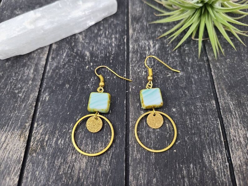 Hypoallergenic Light Blue Czech Glass Earrings Geometric Sky Blue and Gold Czech Glass Earrings Lightweight Blue and Gold Dangle Earrings