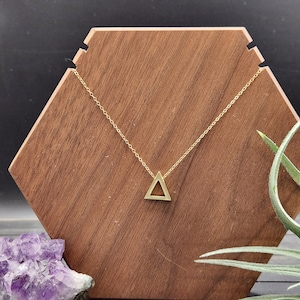 Minimalist Tiny Triangle Necklace, Dainty Raw Brass Triangle Necklace on Dainty 14k Gold-Filled Chain, Geometric Triangle Pendant Necklace
