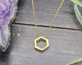Minimalist Brass Hexagon Necklace • Open Geometric Pendant • Simple Gold Tone Layering Necklace