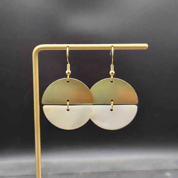 Gold White Earrings - Real Shell Earrings, Geometric Brass Jewelry, Shell Drop Earrings, Gold and White Earrings, White Dangle Earrings