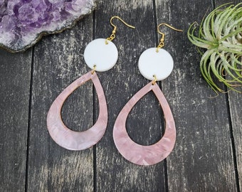 Huge Geometric Pink and White Statement Earrings, Big Pink and White Teardrop Earrings, Marbled Pink and White Acrylic Statement Earrings