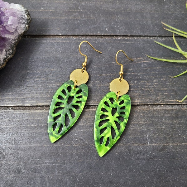 Lightweight Green Acrylic Monstera Leaf Earrings, Hypoallergenic Green Acrylic and Raw Brass Tropical Plant Leaf Statement Earrings