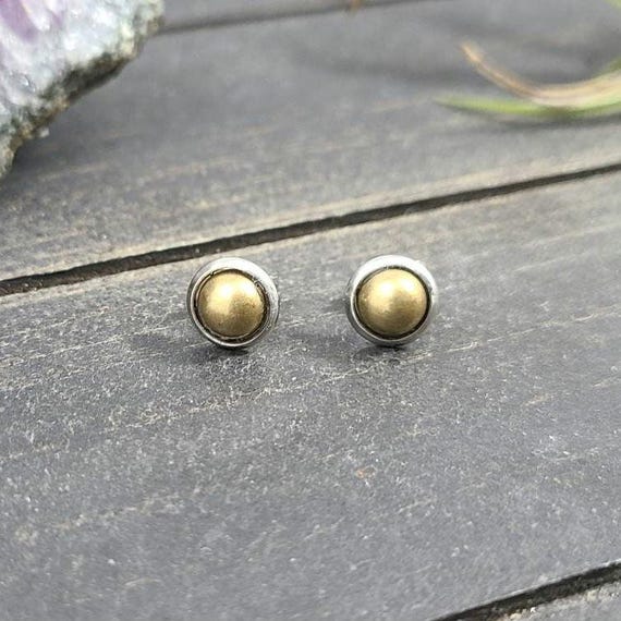 Mixed Metal Stud Earrings • Gold Silver Stud Earrings • Two Tone Stud Earrings • Small Stud Earrings • Brass Dome Earrings