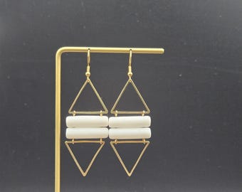 White Statement Earrings - Geometric Triangle Earrings, Triangle Earrings Dangle, Triangle Earrings Gold, White and Gold Earrings