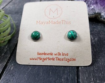 Small Green Malachite Stud Earrings, Tiny Green Malachite Stud Earrings with Stainless Steel Settings, 6mm Silver Malachite Post Earrings