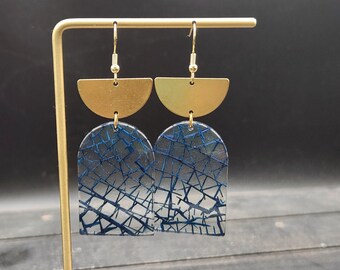 Clear Acrylic Earrings - Blue and Gold Earrings, Clear Blue Earrings, Blue Dangle Earrings, Crackled Earrings, Semi Circle Arch Earrings