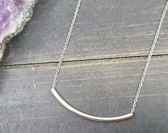 Silver Tube Necklace • Silver Curved Bar Necklace • Minimalist Silver Necklace • Everyday Layering Necklace • Simple Necklace