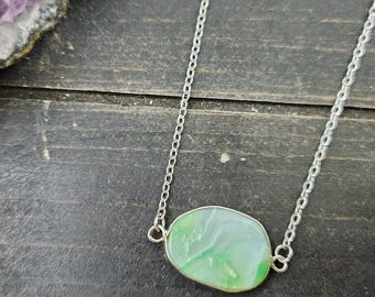 Green Agate Necklace • Agate Slice Pendant • Minimal Gemstone Necklace • Stainless Steel Layering Necklace