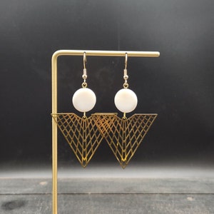 Brass Statement Earrings - Lightweight Geometric Earrings, Mother of Pearl Earrings, Hypoallergenic White and Gold Dangle Earrings