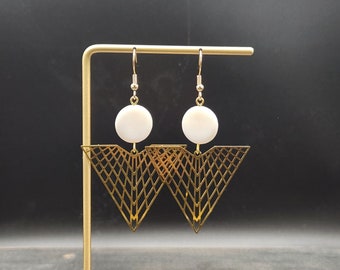 Brass Statement Earrings - Lightweight Geometric Earrings, Mother of Pearl Earrings, Hypoallergenic White and Gold Dangle Earrings