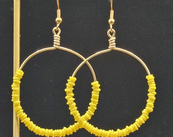 Yellow Beaded Hoop Earrings • Glass Bead Wire Hoop Dangle Earrings • Lightweight Yellow Statement Earrings