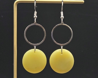 Lemon Jade Earrings • Yellow Jade Dangle Earrings • Silver Circle Drop Earrings • Modern Stone Statement Jewelry