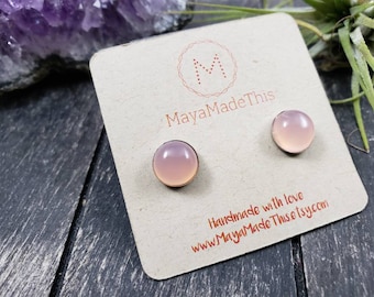 Light Pink Rose Chalcedony Stud Earrings, 9mm Chalcedony Studs, Chalcedony Post Earrings with Stainless Steel Stud Settings, Pink Earrings