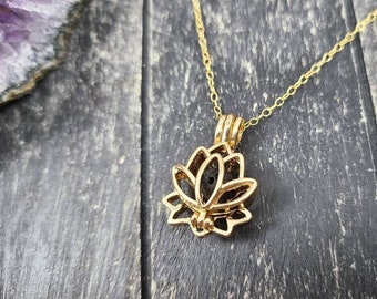 Gold Lotus Diffuser Necklace • Essential Oil Aromatherapy Jewelry • Lotus Flower Necklace • Lava Bead Diffuser Pendant • Mindful Necklace
