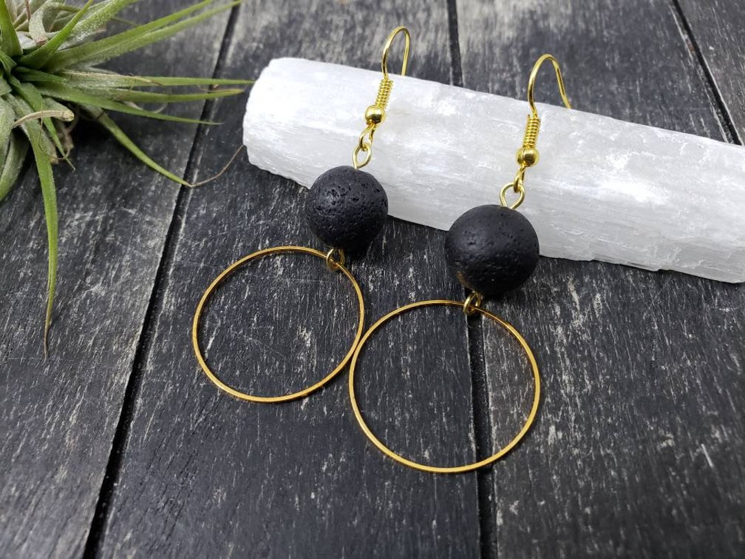 Black and Gold Lava Stone Hoop Earrings Lightweight Black - Etsy