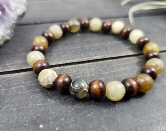 Carved Jade Bracelet - Gemstone Stretch Bracelet, Jade and Wood Bracelet, Natural Jade Bracelet, Neutral Bracelet, Fall Color Bracelet