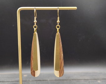 Wood Resin Earrings - Wooden Drop Earrings, White Wood and Resin Earrings, Wooden Teardrop Earrings, Long Drop Earrings Gold, Wooden Jewelry