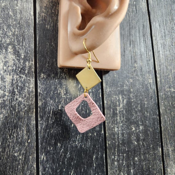 Gold and Pink Geometric Earrings Pink Geometric Triangle Earrings • Open Acrylic Drop  main image 4