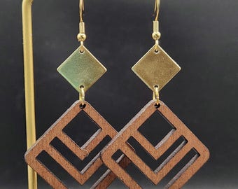 Geometric Wood Earrings • Sapele Hardwood and Brass Earrings • Large Lightweight Statement Earrings • Modern Handmade Architectural Jewelry