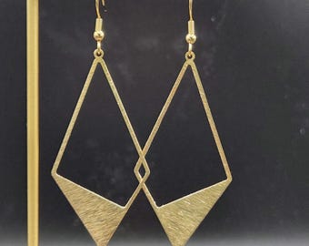 Brushed Brass Open Diamond Earrings • Geometric Matte Gold Dangles • Lightweight Modern Statement Earrings