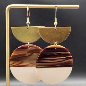 Brown Acrylic Statement Earrings • Brass Half Circle Dangles • Geometric Modern Earrings • Neutral Art Jewelry