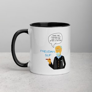 Taza con color en el interior, broma psicológica sobre el desliz freudiano y la parapraxia