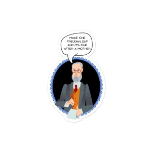 K&ouml;nnte beinhalten: Eine Cartoon-Illustration von Sigmund Freud, einem ber&uuml;hmten Psychologen, in einem blauen Anzug und einer roten Krawatte. Er h&auml;lt einen Stift und ein Blatt Papier. Eine Sprechblase &uuml;ber seinem Kopf sagt "Mach einen Freud'schen Versprecher und es ist einer nach einer Mutter."