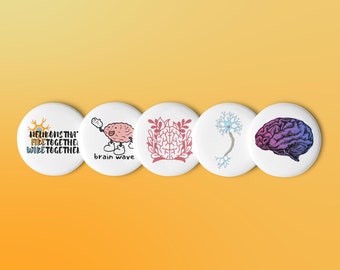 Neuroscience Pin Buttons: Brain & Neuron Designs, Set of 5
