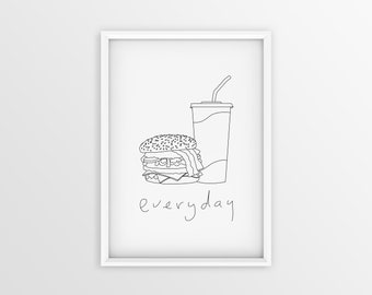 Everyday - Printable Minimalist Poster - Burger - Everyday Fast Food - Instant Download - Modern Design - Illustration - Ready To Frame