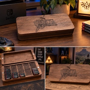 May include: A rectangular dark wood storage case featuring a laser-engraved The Legend of Zelda Ocarina of Time logo on the lid. The interior contains a slotted grid designed to hold multiple small rectangular game cartridges securely in place.