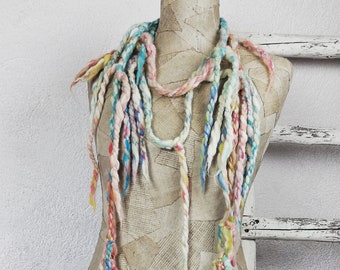Extra long scarf pastel multicolor fringe, art wool fancy scarf, Art bohemian clothing, Festival Scarf, Boho Style, unique gift for her