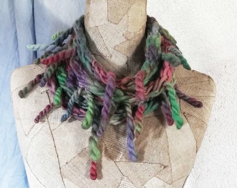 Fringe Infinity scarf woman, knit loop Festival necklace, Long Wrap, boho clothing Knitted rope scarf, scarves bohemian, boho art wool scarf