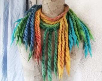 Rainbow Fringe knit scarf, fulcolor boho woman gift, knit Festival necklace, Long Wrap, Knitted scarf, scarves bohemian, art wool scarf