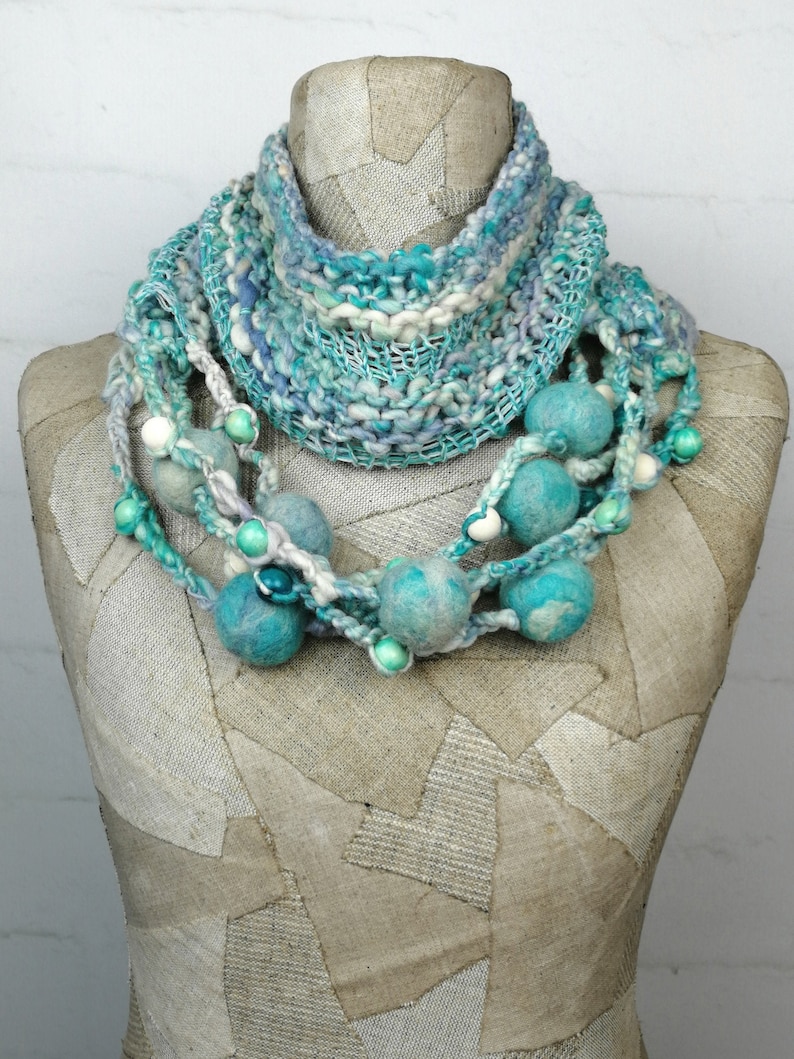 Knit Scarf Infinity Blue Pastel Boho Wool Loop Art Knitted Wrap Necklace Bohemian Clothing Gypsy Scarves Felt Art Rope Felt Balls Wool