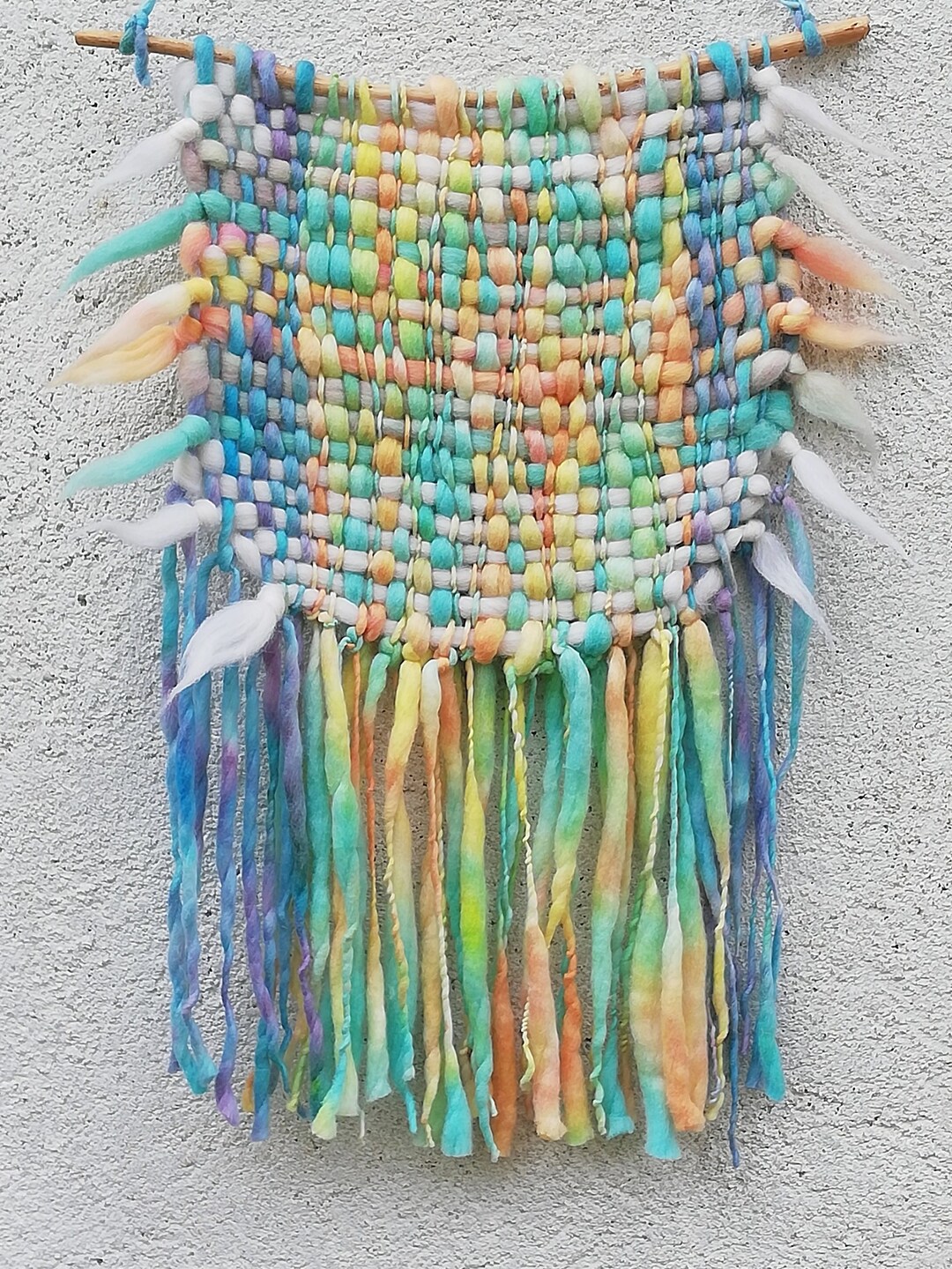 Modern Woven Wall Hanging, Pastel Rainbow Wool Decor, Art Tapestry