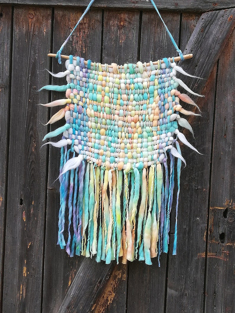 Modern Woven Wall Hanging, Pastel Rainbow Wool Decor, Art Tapestry