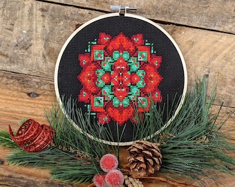 Poinsettia Mosaic Holiday Cross Stitch Pattern - TWO PDF DOWNLOAD