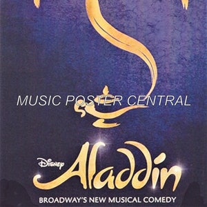 May include: A purple poster with a gold genie lamp design and the text "Disney Aladdin Broadway's New Musical Comedy" and "Music Poster Central".