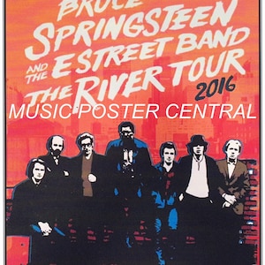 May include: A concert poster for Bruce Springsteen and the E Street Band's The River Tour 2016. The poster features a black and white image of the band members in front of a red and white cityscape. The text "MUSIC POSTER CENTRAL" is at the bottom of the poster. The date and location of the concert are listed at the bottom of the poster: January 16, 2016, Pittsburgh, PA, Consol Energy Center.