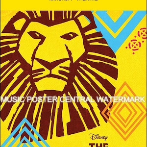 May include: A yellow playbill poster for the musical "The Lion King" at the Minskoff Theatre. The poster features a stylized image of a lion's head with a yellow background and brown mane. The Disney logo and the title "The Lion King" are displayed in black text.