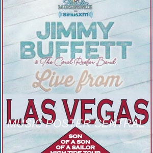 May include: A concert poster for Jimmy Buffett and the Coral Reefer Band, performing live from Las Vegas on October 19, 2019 at the MGM Grand Garden Arena. The poster is blue and red with white text.