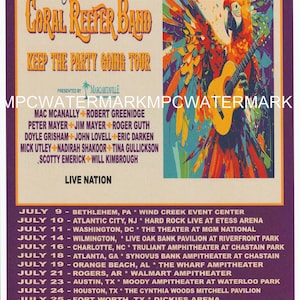 May include: Concert poster for Jimmy Buffett's Coral Reefer Band's "Keep the Party Going Tour." The poster features a colorful parrot playing a guitar. Tour dates and locations are listed below the band's name.