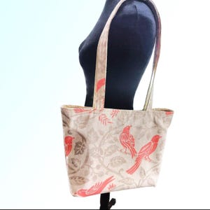 Large Tote -  Birds and Floral Fabric in Peach and Tans