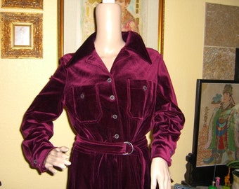 Vintage Act III Burgundy Velvet Belted Jumpsuit, 1970's size M