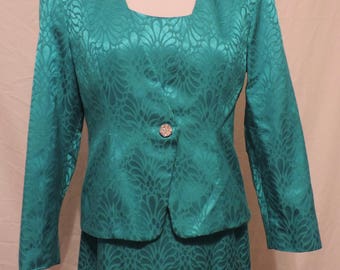Vintage Teal Turquoise two piece cocktail, party dress with jacket, Damask or Brocade design, made in USA, Size 10